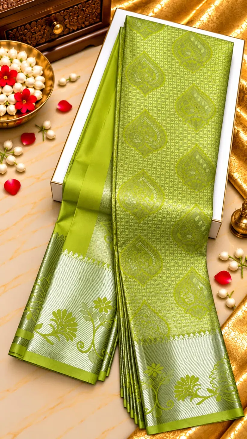 Parrot Green Silver Zari Mango Buttas Semi Kanchipuram Silk Saree
